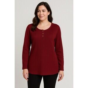 Quacker‎ Factory  2X Plus Waffle Knit Button Thermal Henley Tunic Top Shirt Red